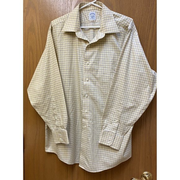Brooks Brothers Shirt Mens 17 34 Yellow‎ Checked  Non Iron  XL - Picture 1 of 4